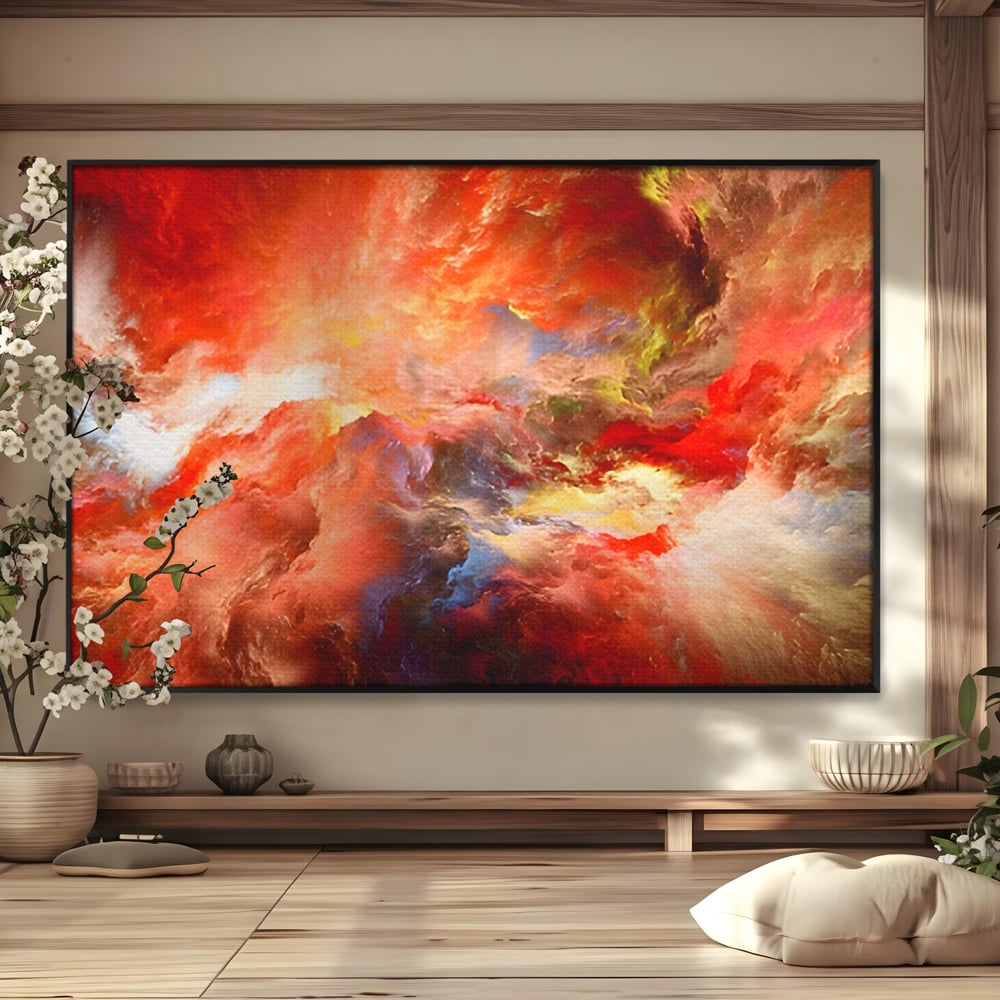 Tablou canvas cu pictura abstracta cu nori rosii, in rama de aluminiu negru